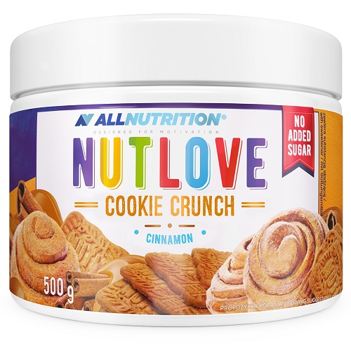 Allnutrition Nutlove Cookie Crunch Cinnamon 500g spread with no added sugar, featuring cinnamon and cookie flavors in a white tub with colorful label.