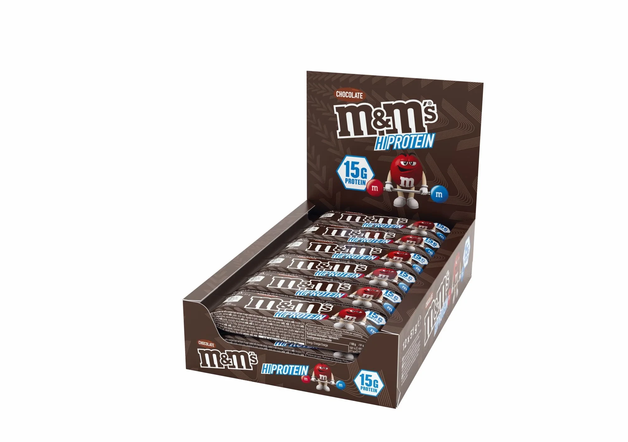 M&Ms Hi-Protein Bar chocolate peanut protein bars, 51g x12 display box with 15g protein per bar
