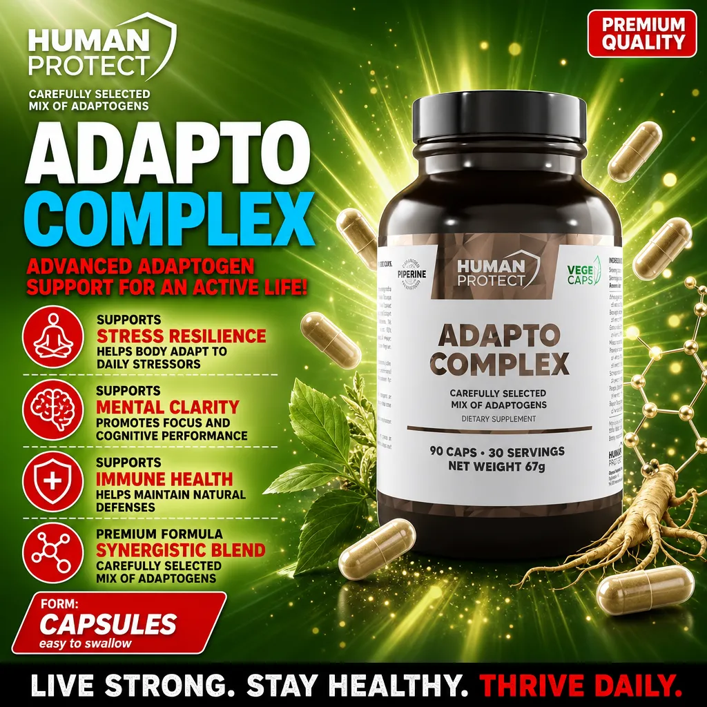 Human Protect Adapto Complex adaptogen supplement in a 90-capsule bottle, supports stress resilience, mental clarity, and immune health, dietary supplement with a synergistic blend of adaptogens.