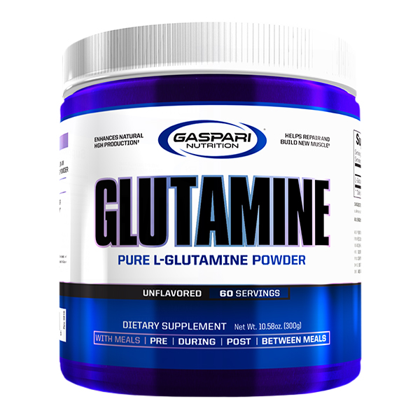 Gaspari Nutrition Glutamine Pure L-Glutamine Powder, unflavored dietary supplement, 300g container, blue and white packaging, 60 servings.