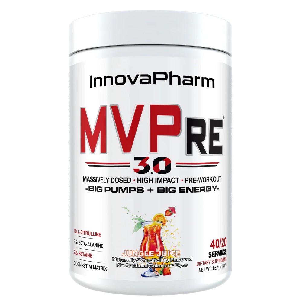 InnovaPharm MVPre 3.0 pre-workout supplement in Jungle Juice flavor, 40/20 servings, white container with red and black text, designed for big pumps and energy.