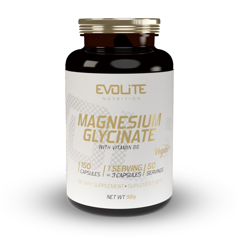 Evolite Magnesium Glycinate 555mg + B6 vegetable capsules, close-up of blue and yellow capsules on a white background