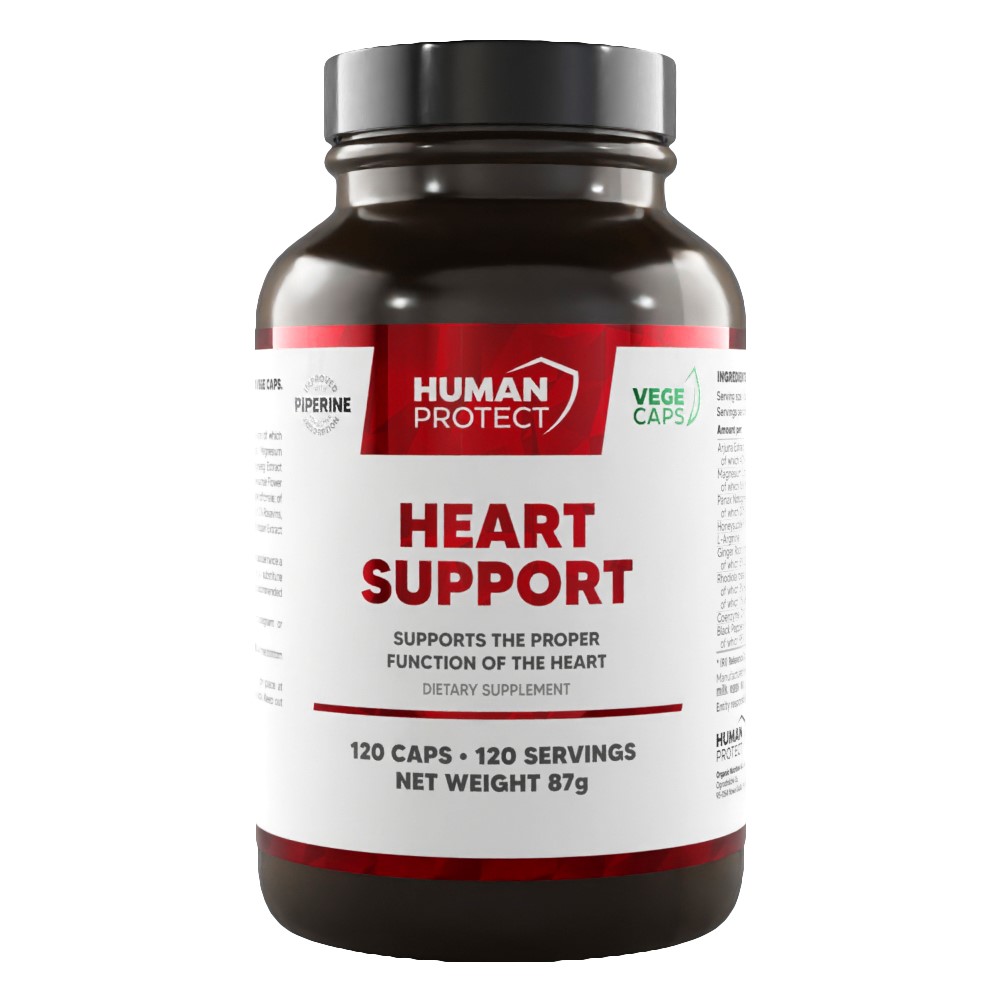 Human Protect Heart Support 120 Caps, close-up of white capsules and branded bottle, dietary supplement