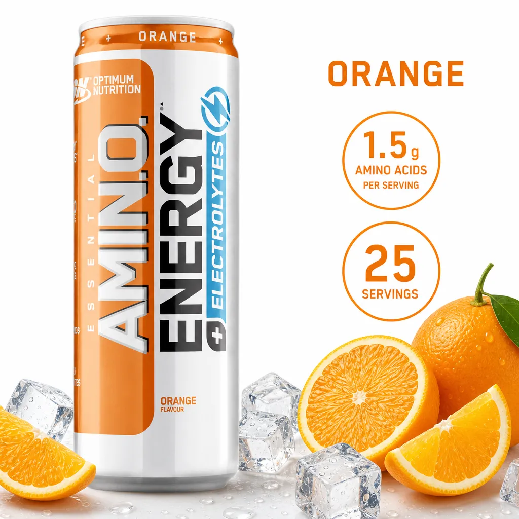 Optimum Nutrition Amino Energy + Electrolytes orange flavour drink, 250ml x4, in a silver and orange can with fresh oranges and ice