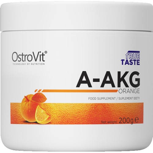 OstroVit A-AKG Orange 200g food supplement, orange-flavour arginine alpha-ketoglutarate powder in a white tub with orange graphics.