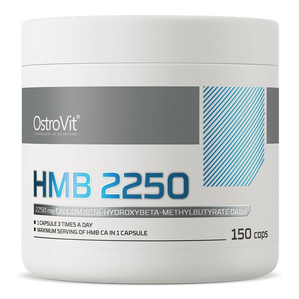 OstroVit HMB 2250 150 caps dietary supplement with 2250 mg calcium beta-hydroxybeta-methylbutyrate per serving, in a white container with blue and grey accents.