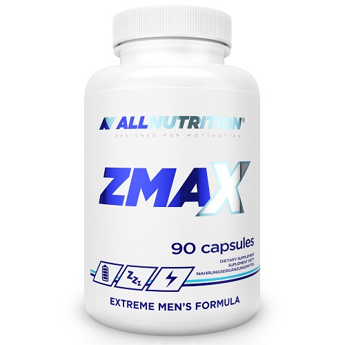 AllNutrition ZMAX 90 capsules men's dietary supplement, white bottle with blue and silver text, formulated for men, extreme men's formula.