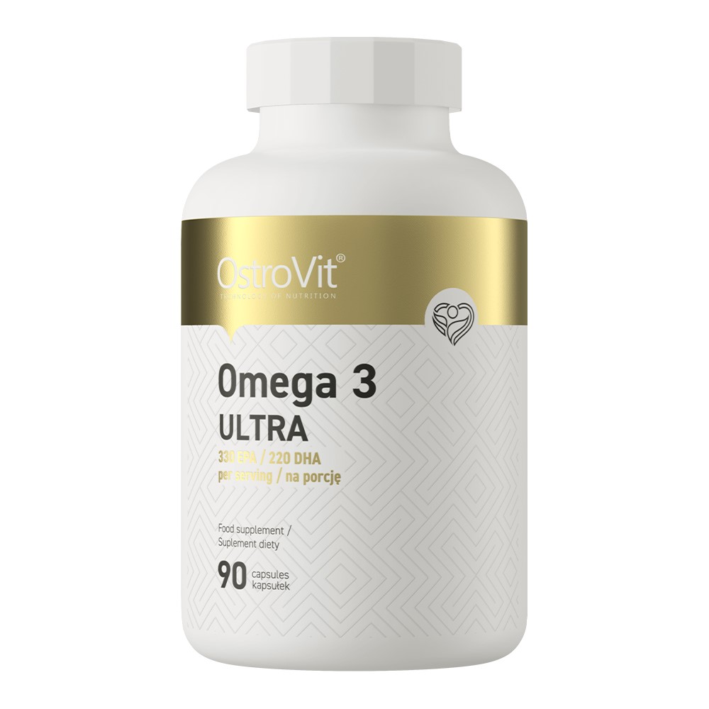 OstroVit Omega 3 Ultra 90 capsules dietary supplement with 330 EPA and 220 DHA per serving, in a white and gold bottle.
