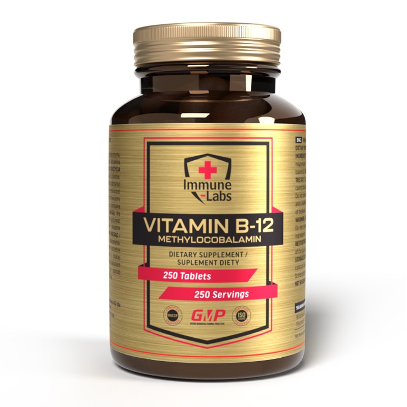 Immune Labs Vitamin B-12 Methylcobalamin dietary supplement, 250 tablets, in a brown bottle with a gold label, designed to support vitamin B-12 intake.