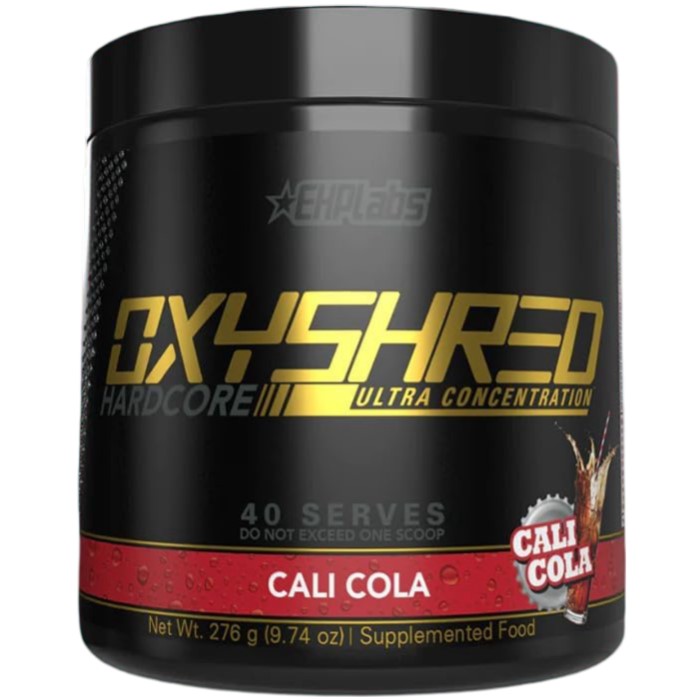 EHPlabs OxyShred Hardcore Cali Cola is a high-stimulant fat burner supplement with ultra concentration, 40 servings per container, cola flavour, in a black tub.