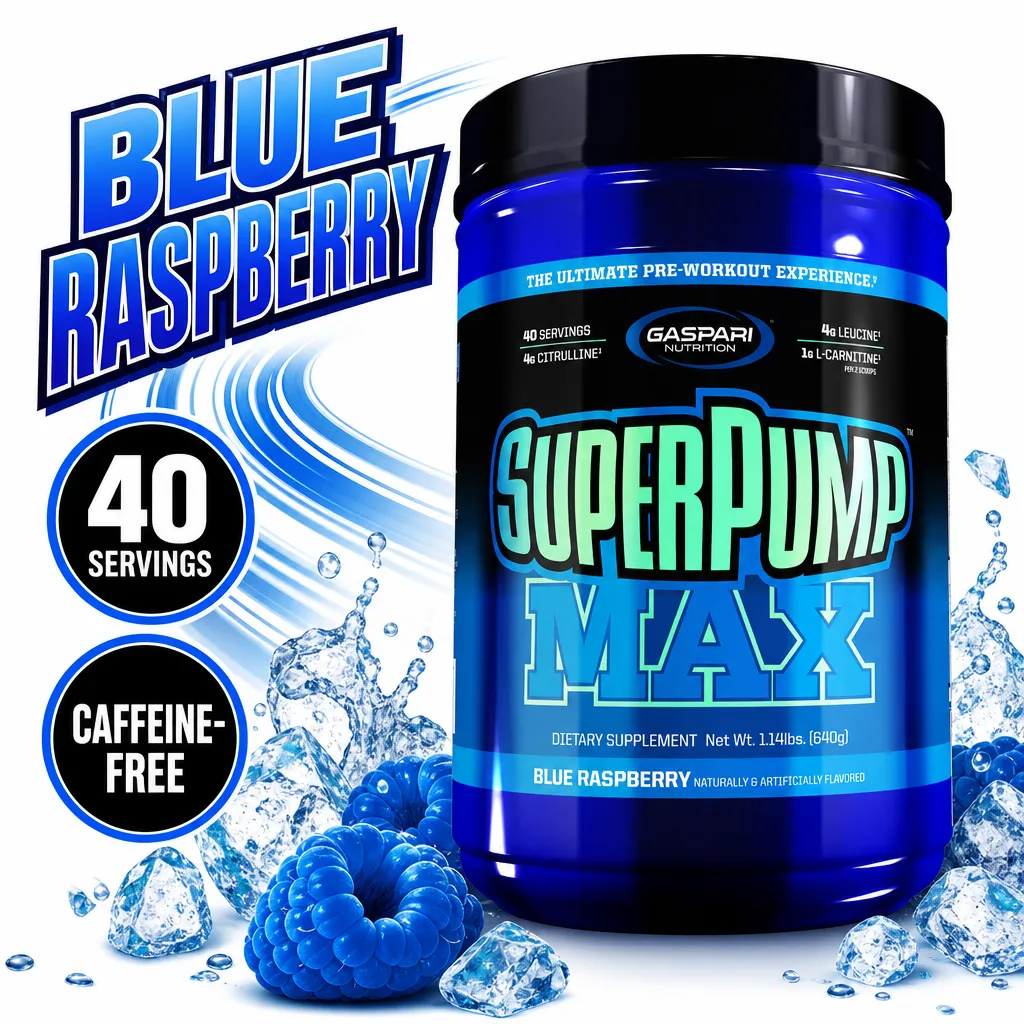 Gaspari Nutrition SuperPump Max 640g blue raspberry caffeine-free pre-workout powder in a blue tub, providing 40 servings.
