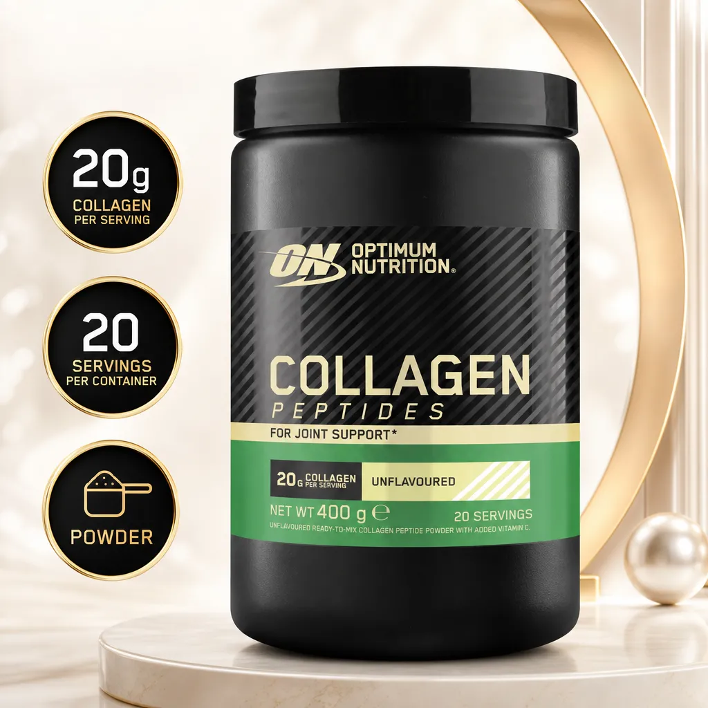 Optimum Nutrition Collagen Peptides 400g unflavoured powder supplement in a black tub with 20g collagen per serving