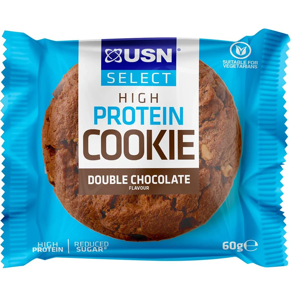 USN Select Cookie Double Chocolate 60g is a high-protein, reduced sugar snack suitable for vegetarians, featuring rich dark chocolate chips.