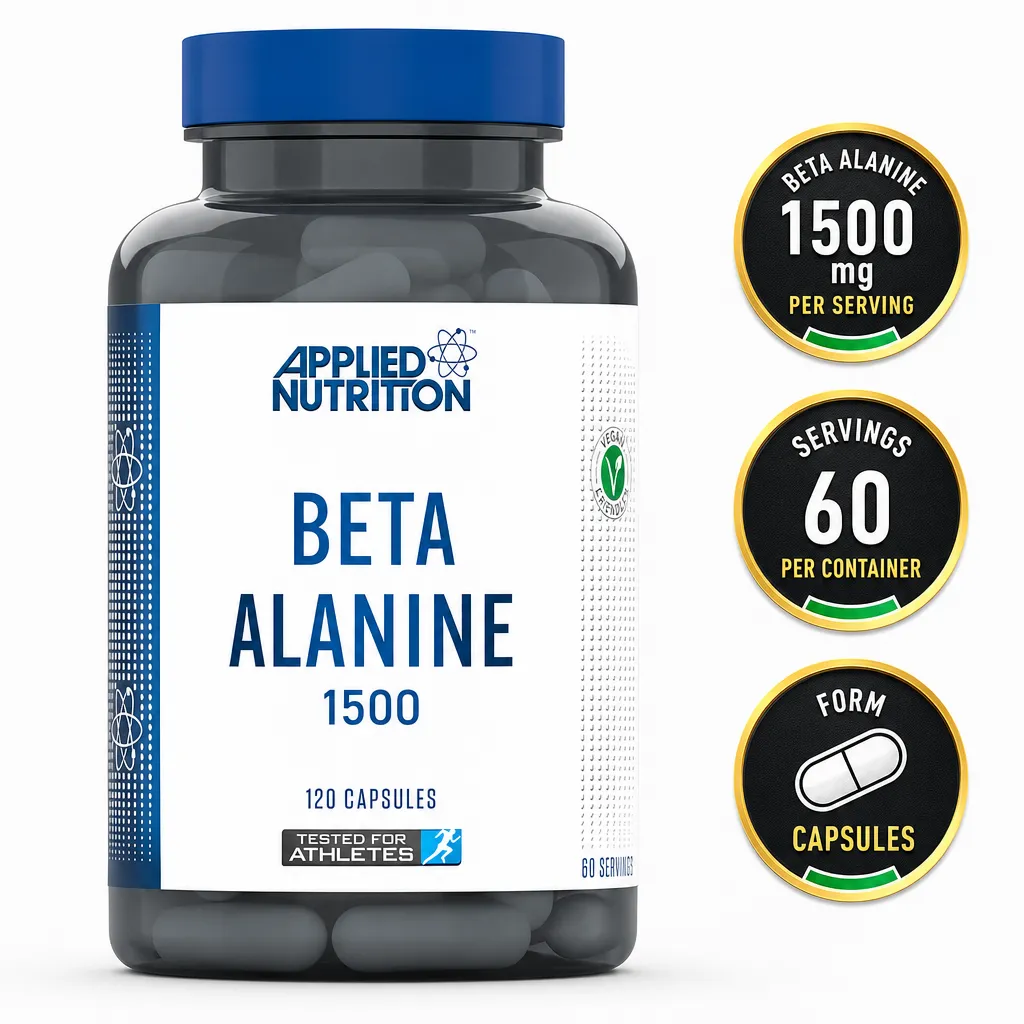 Applied Nutrition Beta-Alanine 1500 supplement in capsule form, 120 capsules with 1500 mg per serving and 60 servings