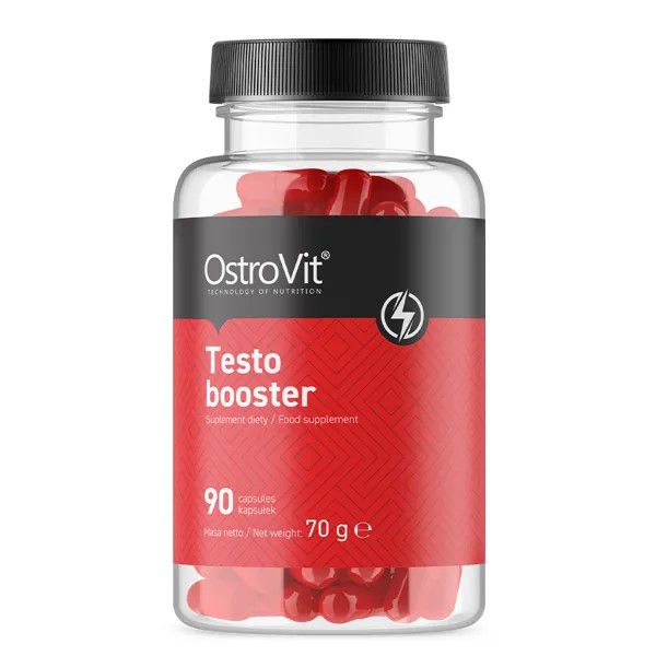 OstroVit Testo Booster 90 capsules dietary supplement in a clear bottle with a red label, designed to support testosterone levels. Contains 90 capsules, net weight 70g.