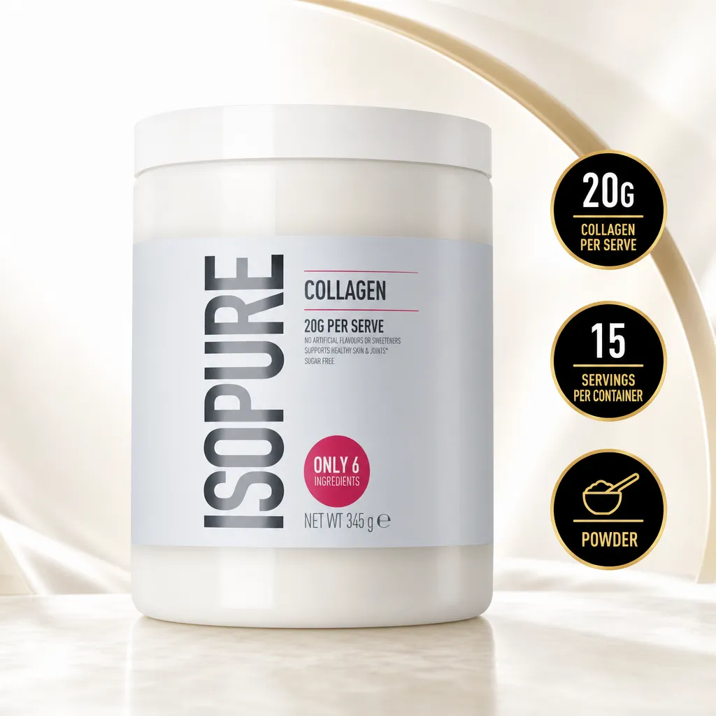 Isopure Collagen unflavoured collagen powder supplement in a white tub, providing 20g collagen per serving and 15 servings