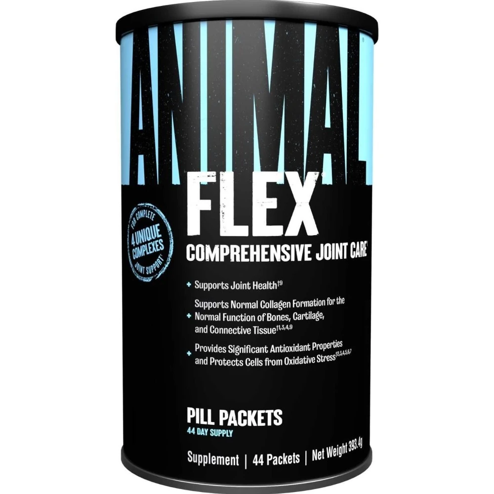 Universal Nutrition Animal Flex comprehensive joint care supplement, 44 packets, designed to support joint health and collagen formation, in a black and blue cylindrical container.
