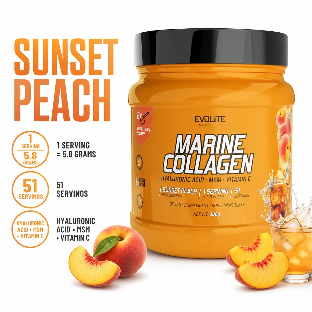 Evolite Marine Collagen 300g sunset peach powdered marine collagen supplement in an orange tub with hyaluronic acid, MSM and vitamin C