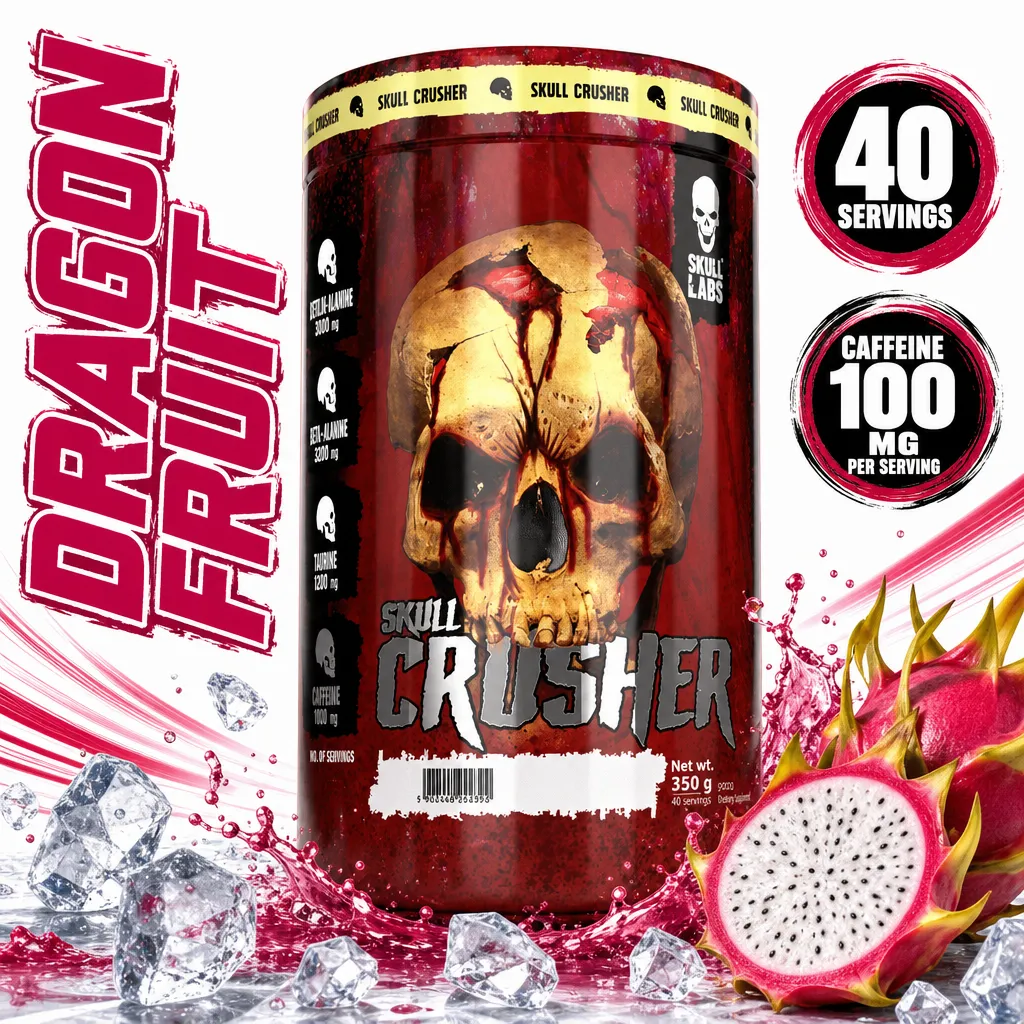 Skull Labs Skull Crusher 350g dragon fruit pre-workout powder in a red tub, with 40 servings and 100 mg caffeine per serving.
