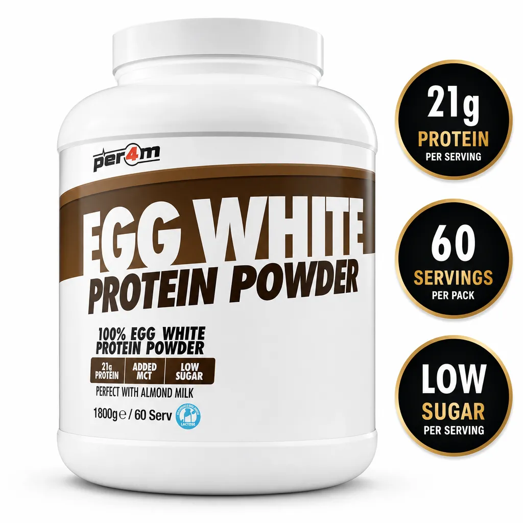 Per4m Egg Protein 1800g egg white protein powder in a white tub, with 21g protein per serving and added MCT