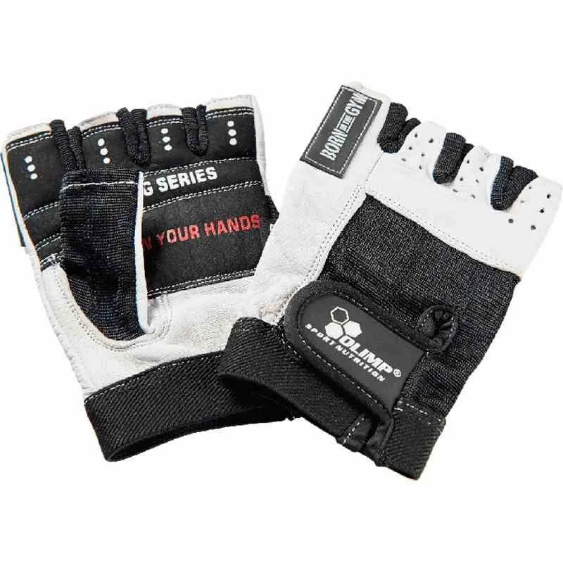 Olimp Nutrition Training Gloves One 2x White/Black, fingerless fitness gloves with anti-slip palms, adjustable Velcro wrist closure, and breathable panels.