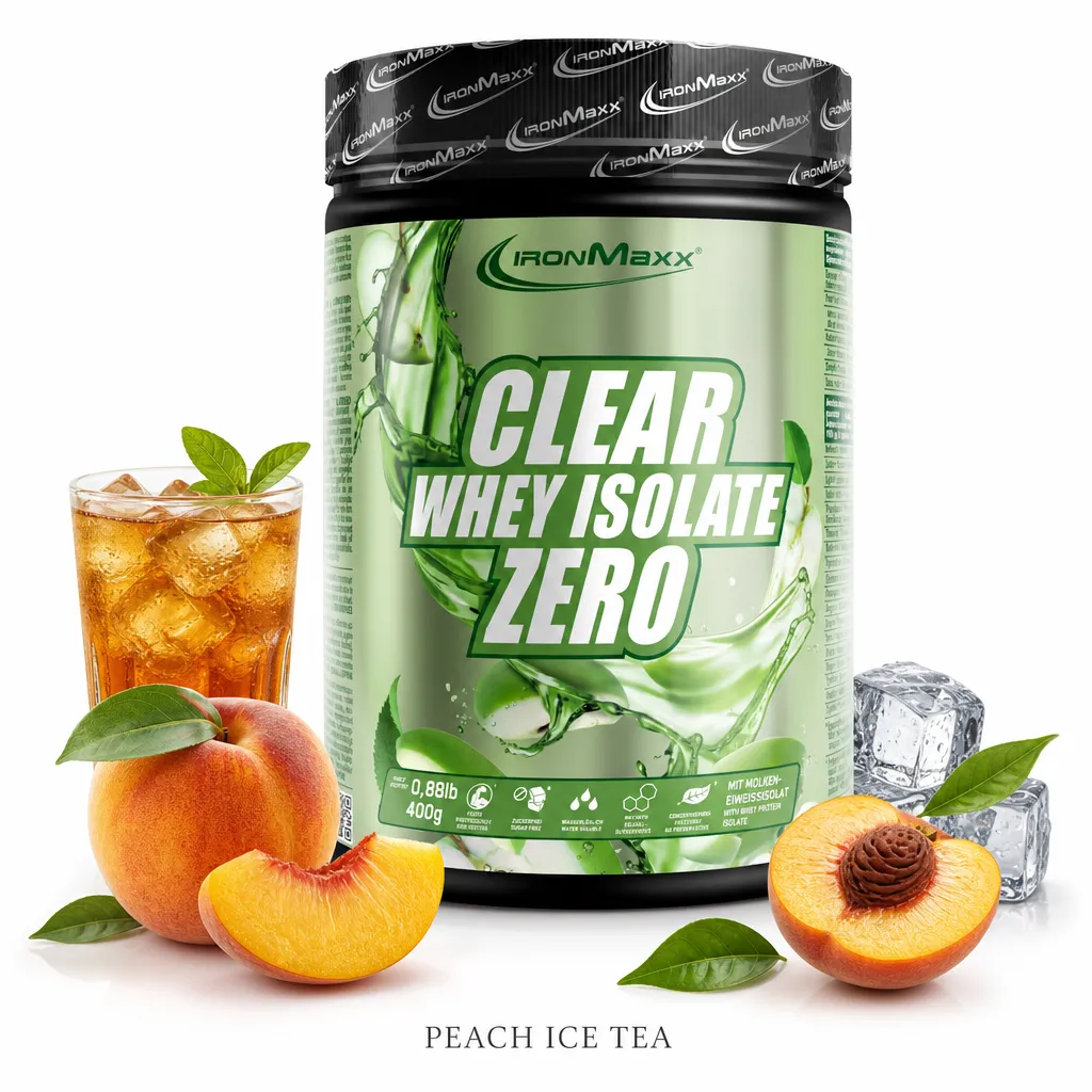 IronMaxx Clear 100% Whey Isolate ZERO 400g Peach Ice Tea protein powder, featuring a refreshing, clear whey isolate formula with peach and iced tea flavor elements.