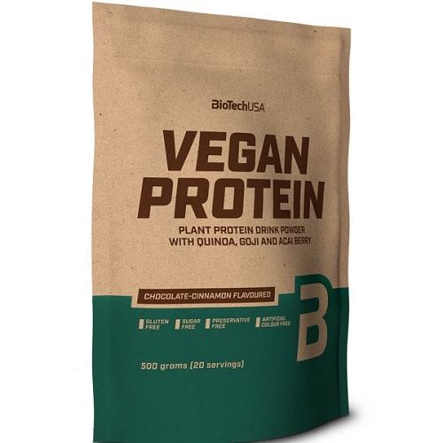 BioTechUSA Vegan Protein 500g chocolate-cinnamon flavour plant protein powder with quinoa, goji, and acai berry, gluten free, sugar free, preservative free, artificial color free.