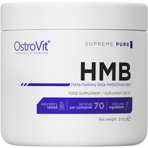 OstroVit HMB 210g beta-hydroxy beta-methylbutyrate food supplement, unflavoured, in a white container with blue accents.