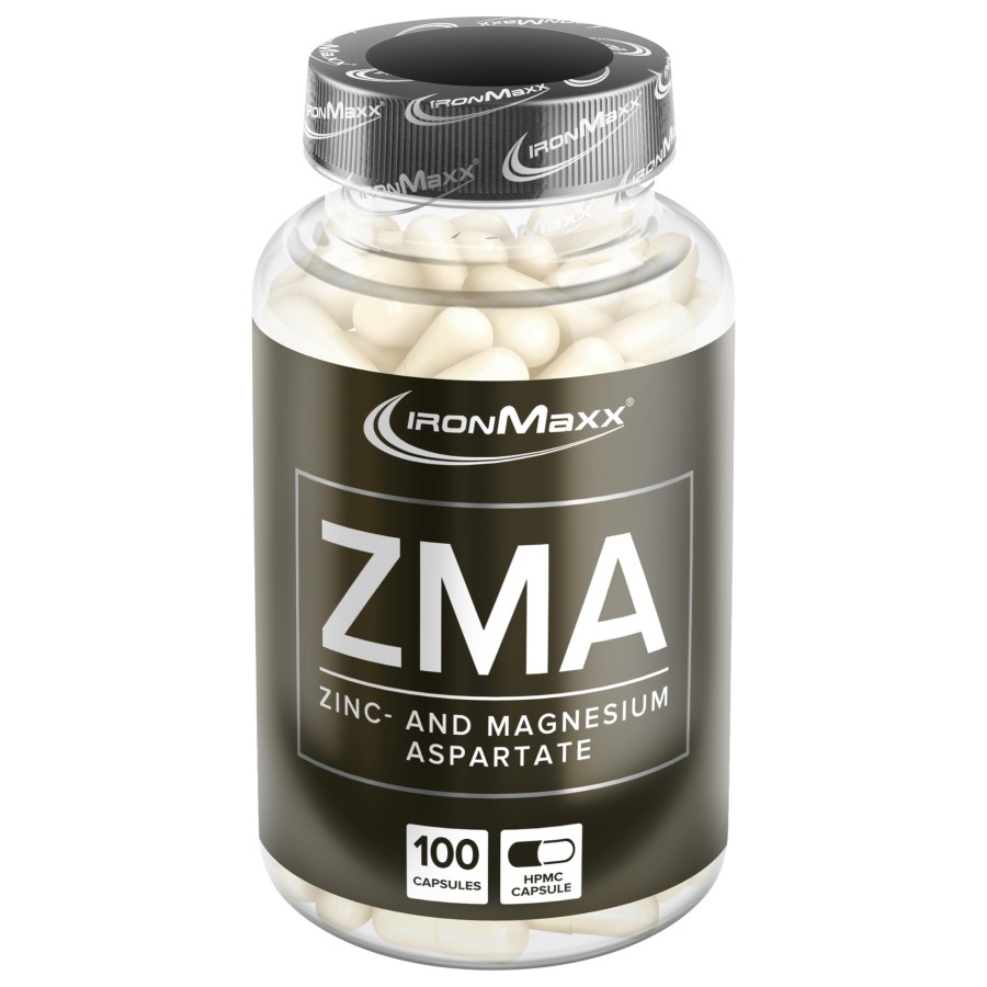 IronMaxx ZMA zinc and magnesium aspartate supplement, 100 HPMC capsules in a transparent bottle with a black and silver label.