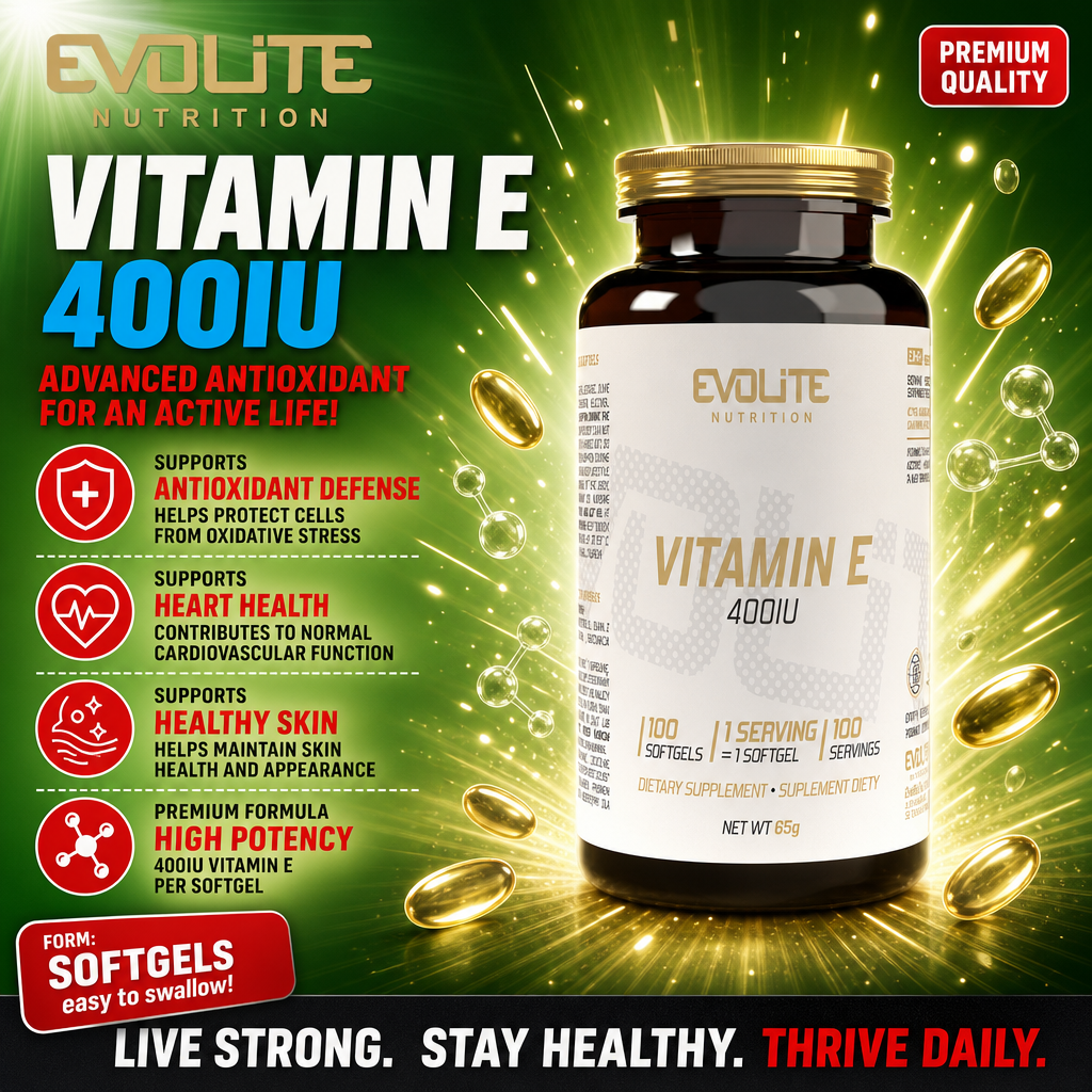 Evolite Vitamin E 400IU 100 Softgels bottle, white plastic container with blue and yellow label, 100-count size