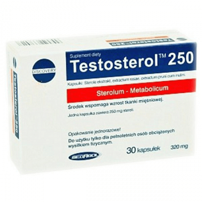 Megabol Testosterol 250 dietary supplement, 30 capsules, supports muscle tissue growth, white and blue packaging