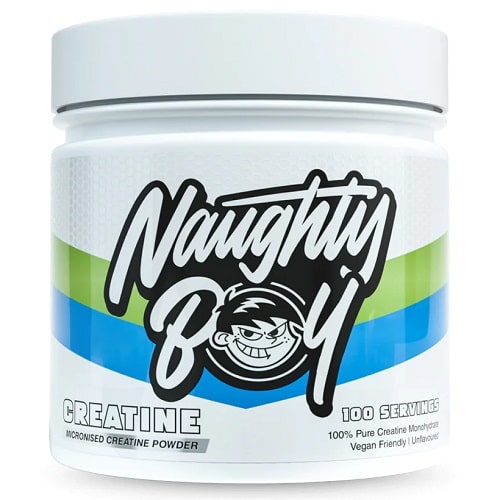 Naughty Boy Creatine micronised creatine powder, 100 servings, unflavoured, vegan friendly, in a white tub with green and blue accents.