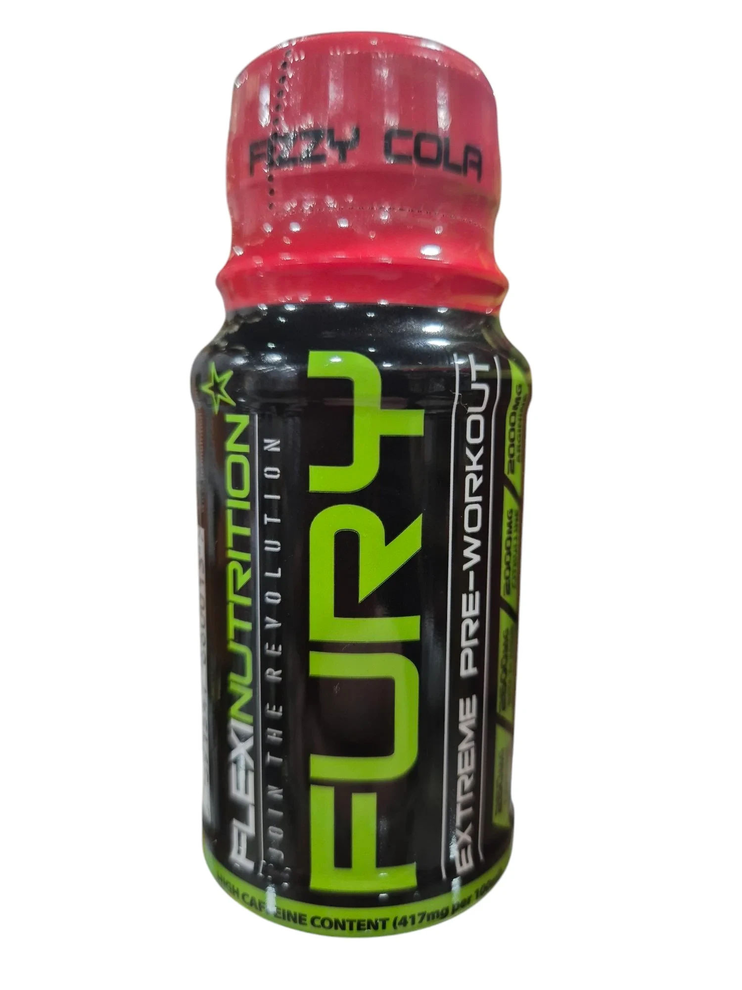 Flexi Nutrition Fury Pre-Workout Shot Fizzy Cola 60ml, a ready-to-drink supplement for energy, focus, and endurance, in a black and red bottle.