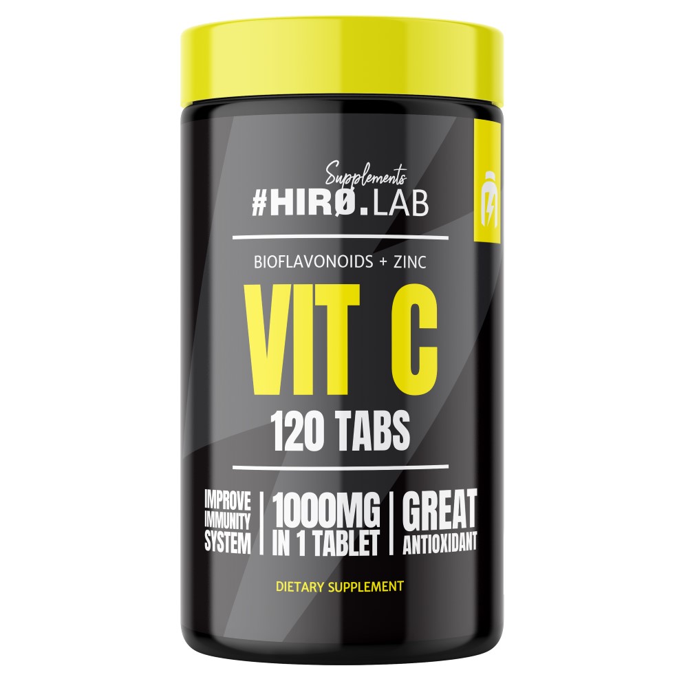 Hiro Lab Vit C dietary supplement with bioflavonoids and zinc, 120 tablets, 1000mg per tablet, black container with yellow lid and text.
