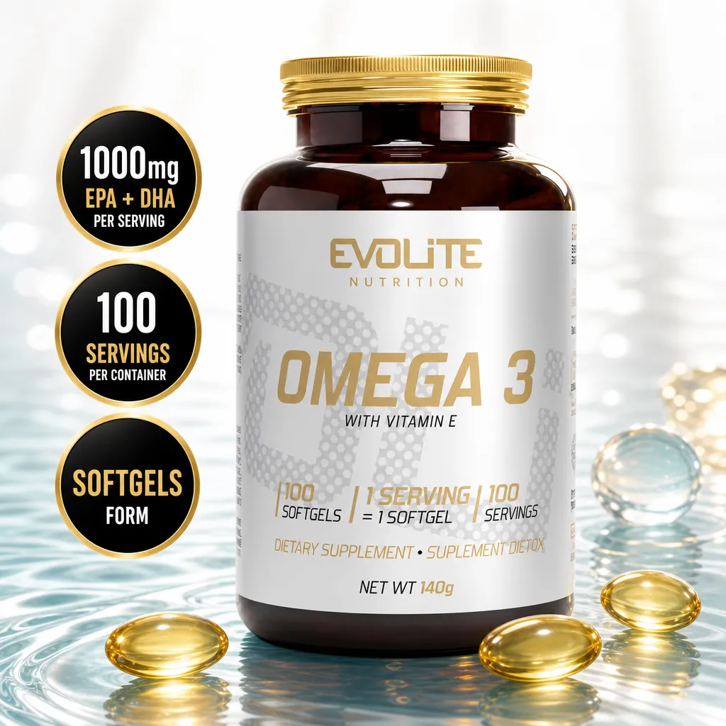 Evolite Omega 3 100 Softgels dietary supplement with vitamin E, 1000 mg EPA and DHA per serving, in amber softgel capsules