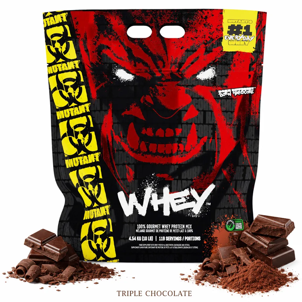 Mutant Whey 4540g Triple Chocolate protein powder, featuring a bold black and red bag design with a fierce graphic and yellow accents, ideal for muscle growth and recovery.