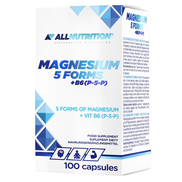 Allnutrition Magnesium 5 Forms + B6 (P-5-P) food supplement with 5 forms of magnesium and vitamin B6 in a box of 100 capsules, predominantly white and blue packaging.