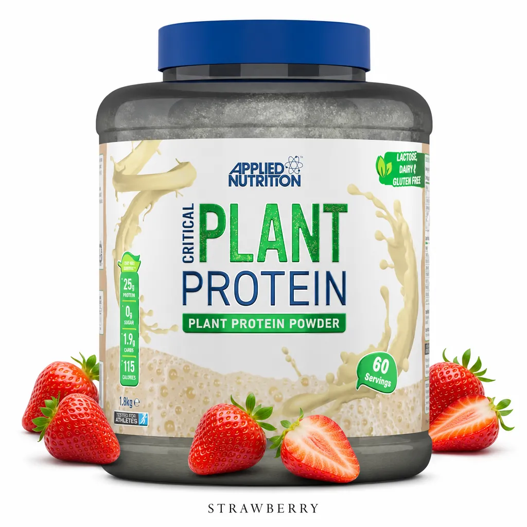 Applied Nutrition Critical Plant Protein 1800g strawberry flavour vegan protein powder, featuring a blend of soya, pea, and brown rice proteins, suitable for lactose, dairy, and gluten-free diets.
