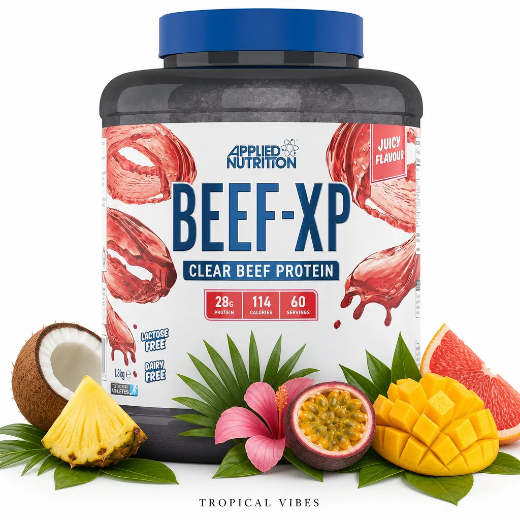 Applied Nutrition Beef XP 1800g clear beef protein powder, Tropical Vibes flavour, lactose and dairy free, with tropical fruits like pineapple, coconut, passionfruit, mango, and grapefruit shown on the label.
