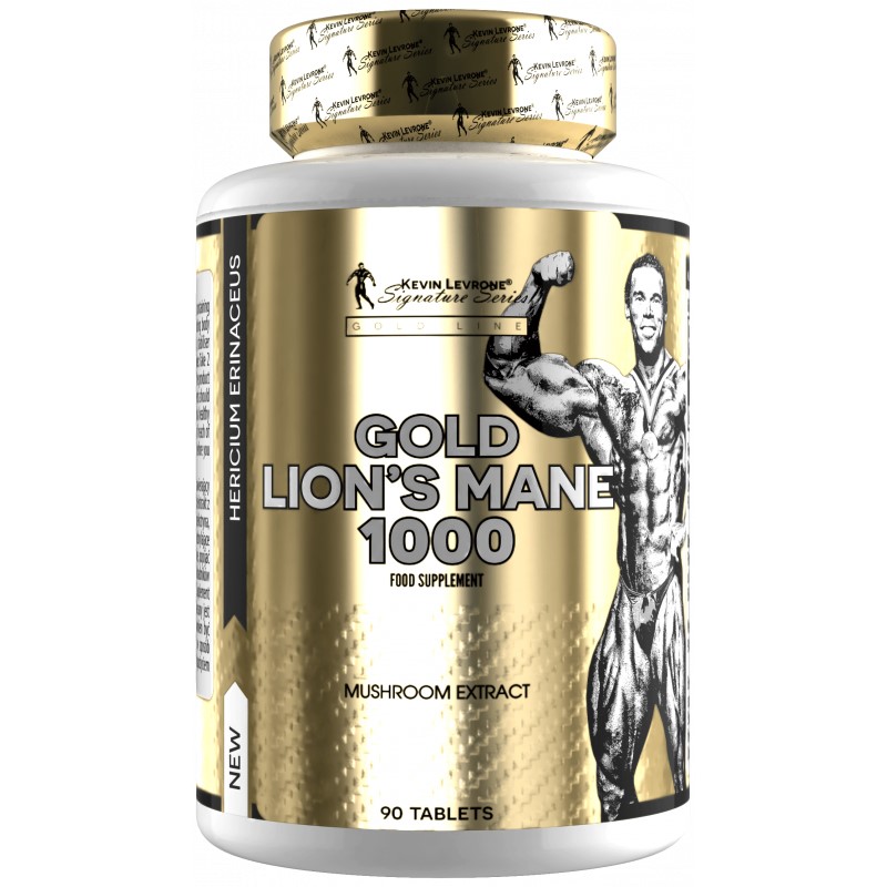 Kevin Levrone Gold Lion’s Mane 1000 mushroom extract supplement, 90 tablets, gold and white bottle, Hericium erinaceus, food supplement.