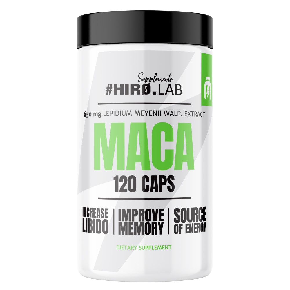 Hiro Lab Maca 120 Caps dietary supplement with 650mg Lepidium meyenii extract, designed to support libido, memory, and energy. White bottle with green and black text.