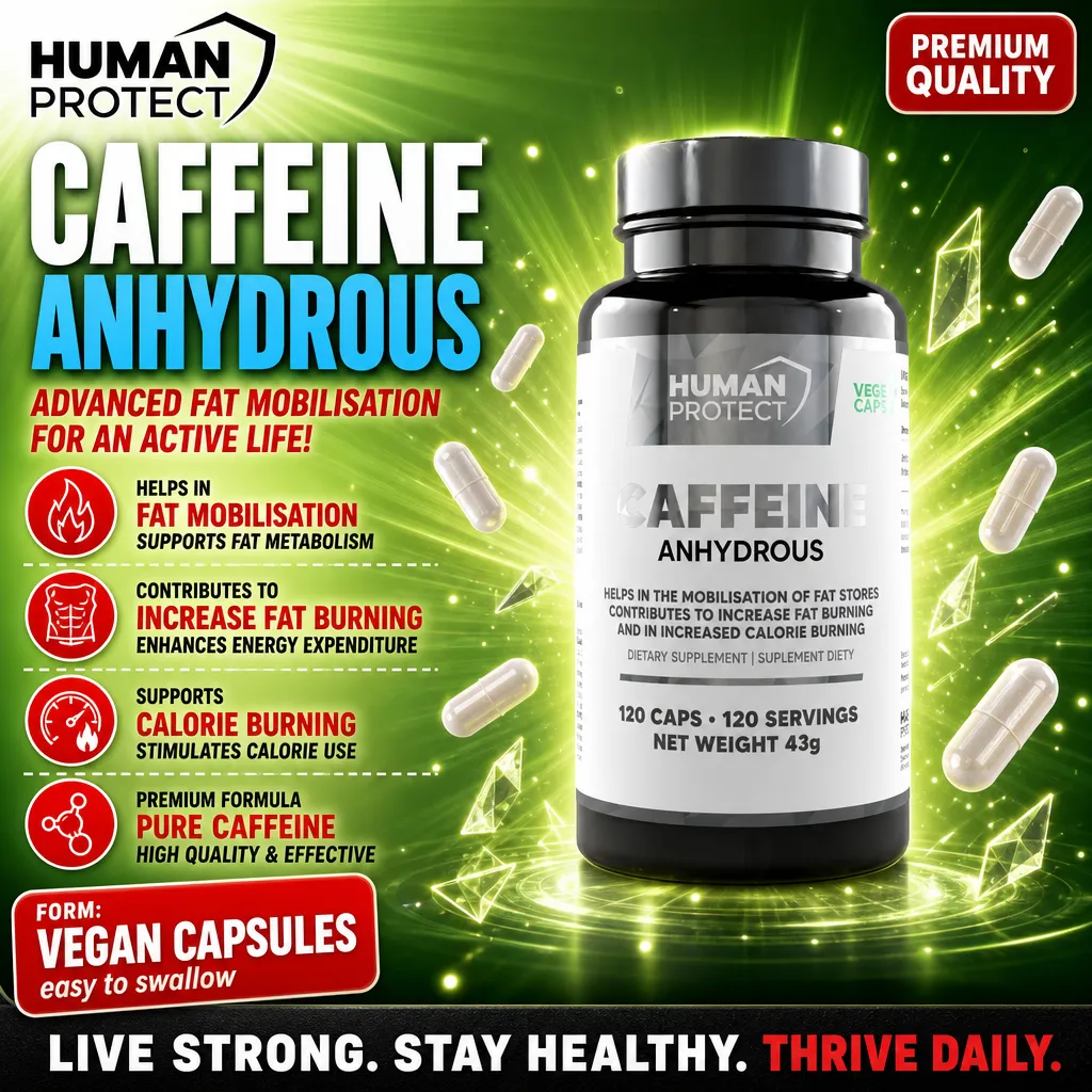 Human Protect Caffeine Anhydrous vegan capsules, 120 count dietary supplement for fat mobilisation, calorie burning, and increased energy, in a black and white bottle with green highlights.
