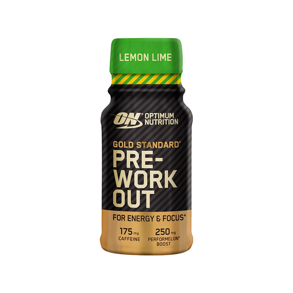 Optimum Nutrition Gold Standard Pre-Workout Energy Shot Lemon Lime 60ml features a compact ready-to-drink formula with 175mg caffeine and 250mg PerforMelon Boost for energy and focus.