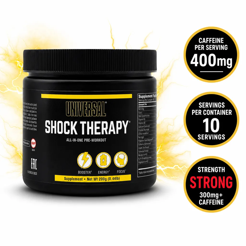 Universal Nutrition Shock Therapy is an all-in-one pre-workout supplement in a black 200g tub with 10 servings and 400mg caffeine per serving.