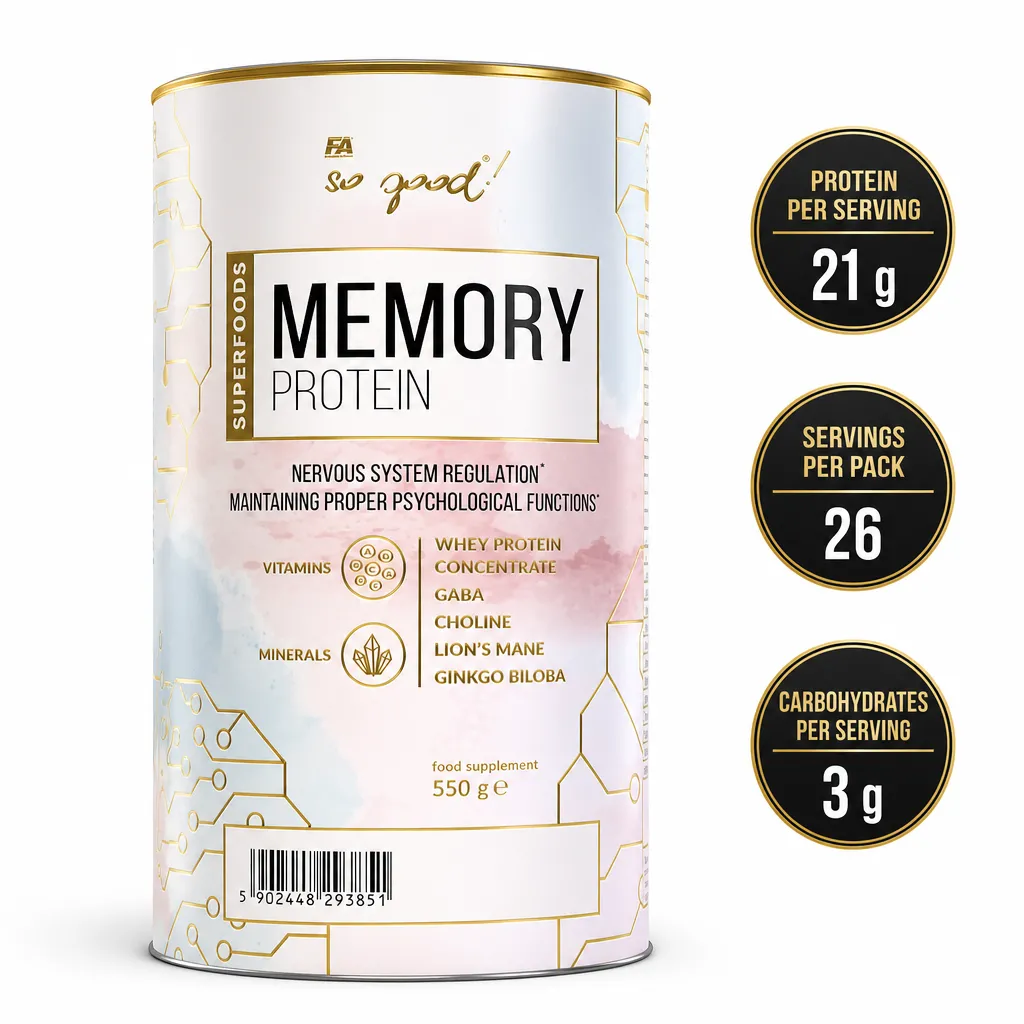 FA So Good! Memory Protein 550g dietary supplement powder in a white and gold tub with whey protein and nootropic ingredients.