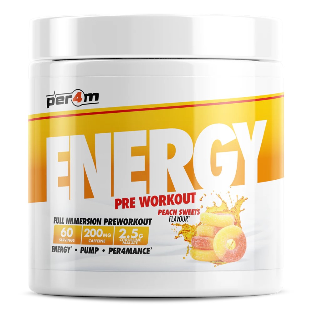 Per4m Energy Pre Workout Peach Sweets Flavour is a pre-workout supplement with 60 servings, 200mg caffeine, and 2.5g citrulline malate, in a white tub with yellow and orange accents.
