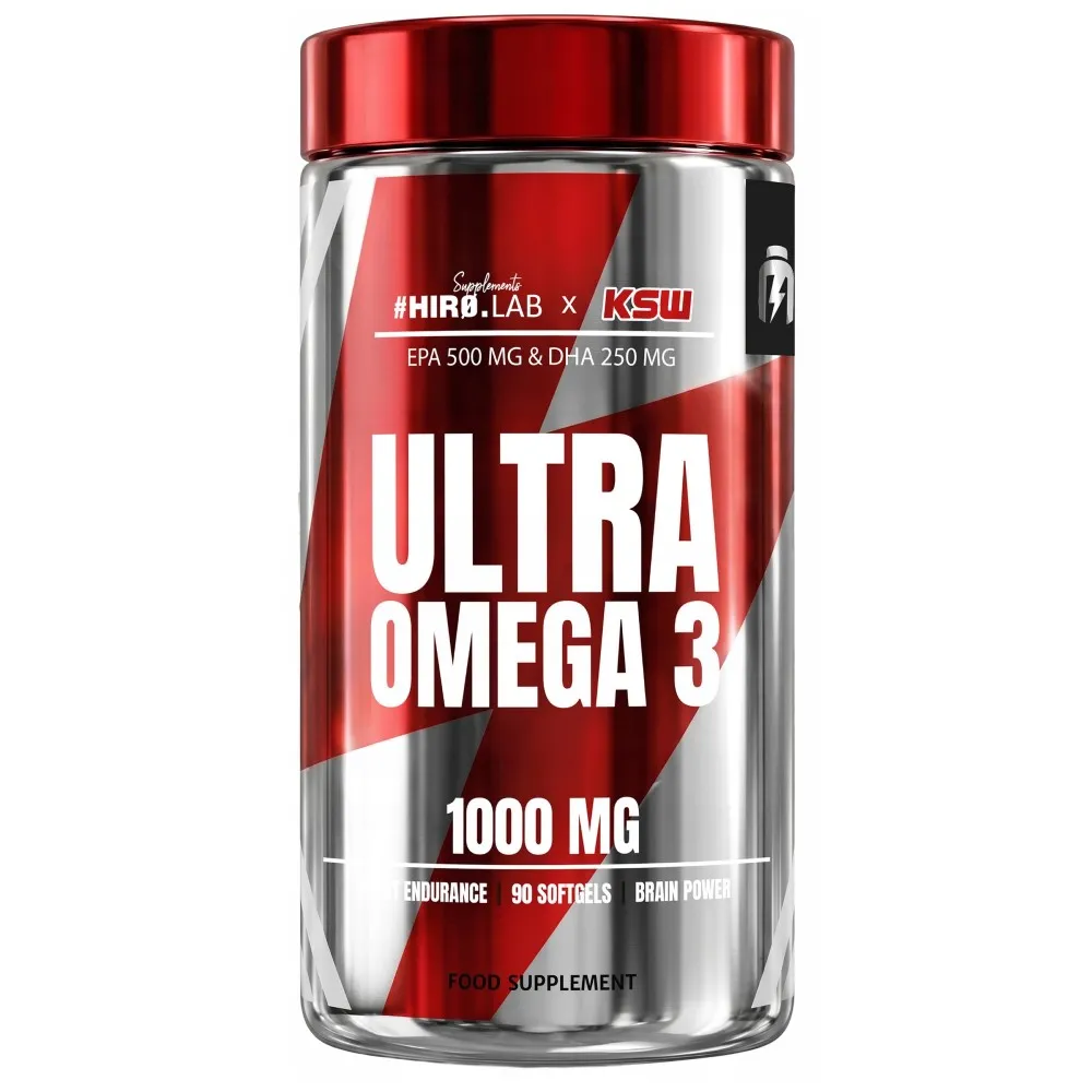 HIRO.LAB Ultra Omega 3 1000 mg fish oil supplement with EPA and DHA, 90 softgels in a red and silver container