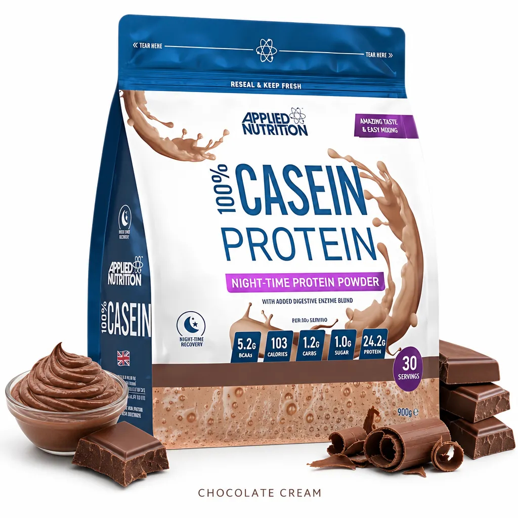 Applied Nutrition 100% Casein Protein 900g Chocolate Cream is a slow-release micellar casein protein powder with digestive enzymes, ideal for night-time muscle recovery.