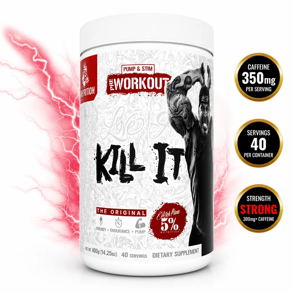 5% Nutrition Kill It 40 Servings pre-workout supplement powder in a 400g white tub with red and black branding.