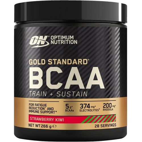 Optimum Nutrition Gold Standard BCAA strawberry kiwi flavour, 266g tub with 28 servings, featuring 5g BCAAs, 374mg electrolytes, and 200mg rhodiola per serving.
